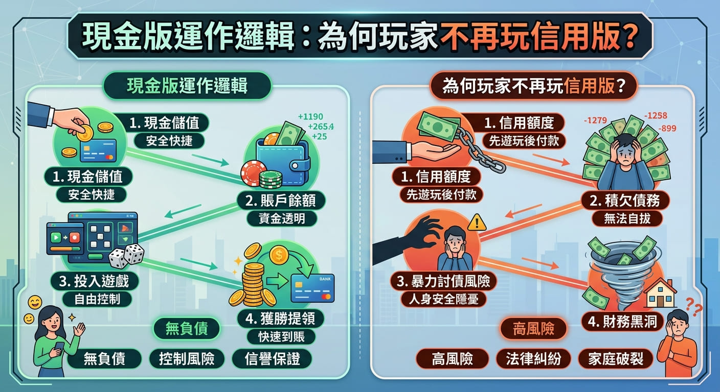 這張圖片以對比圖表呈現「現金版」與「信用版」的差異,左側以綠色系展示現金版安全透明的資金流程,右側以紅色系提示信用版積欠債務與高風險的隱患。 頂部標題清晰標示「現金版運作邏輯:為何玩家不再玩信用版?」,視覺化拆解兩者在控管風險與財務安全上的核心區別。