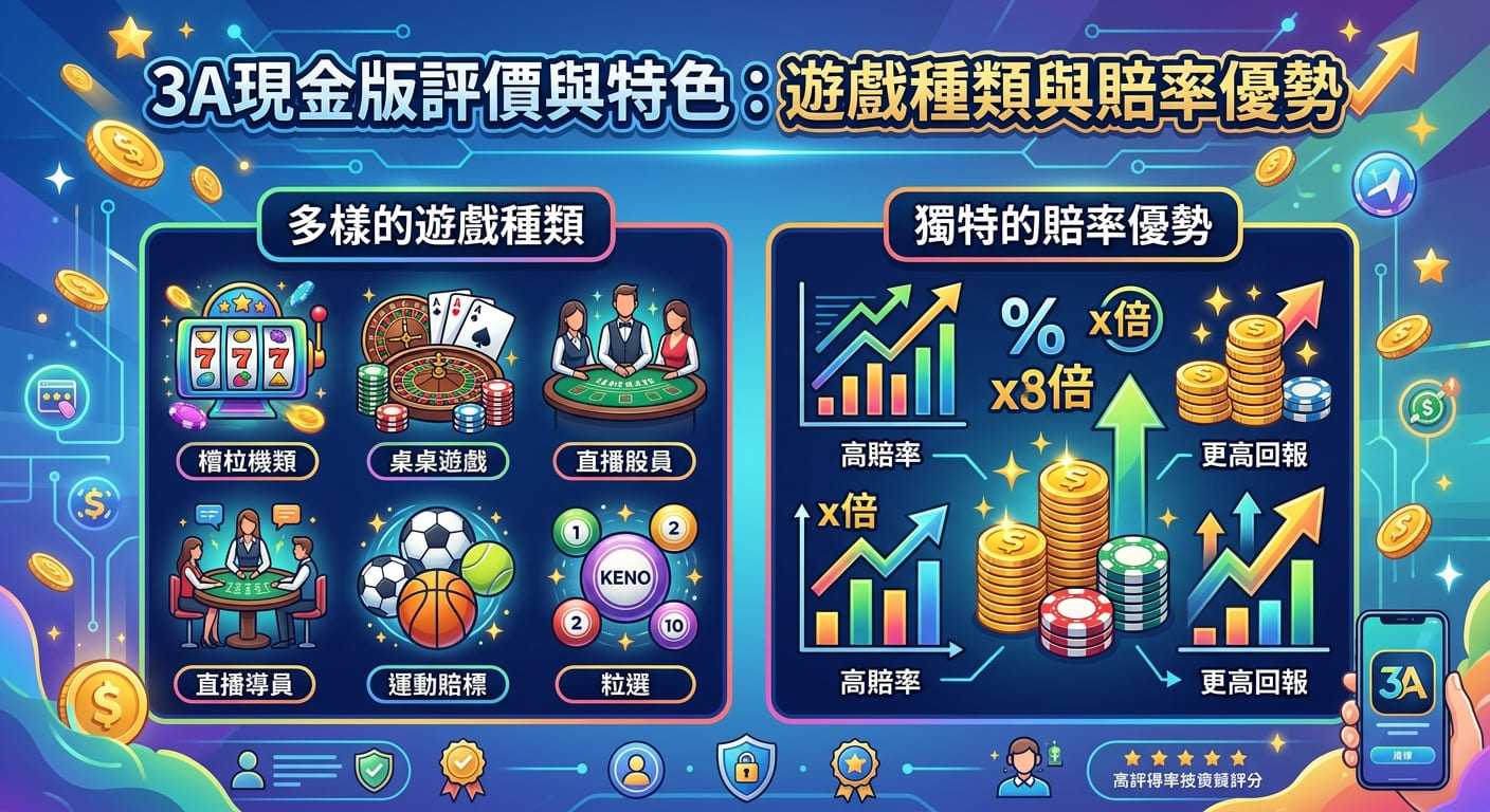 這張圖以藍色系科技感為背景,頂部以醒目字體標示「3A現金版評價與特色:遊戲種類與賠率優勢」。 畫面左側展示老虎機、真人視訊及體育賽事等多樣遊戲圖標,右側則以向上升起的金色硬幣與數據圖表呈現高賠率優勢。